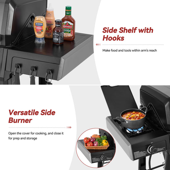 A promotional graphic for a black Royal Gourmet gas grill showing two feature callouts: 'Side Shelf with Hooks' with condiment bottles on the shelf, and 'Versatile Side Burner' with a pot cooking on the side burner and a small inset of groceries on the hook.