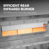 A rear infrared burner element glowing with orange heat in a stainless steel commercial kitchen appliance, with text overlay reading 'EFFICIENT REAR INFRARED BURNER' and 'High-intensity infrared heat for faster, deep cooking'.
