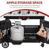 A black Royal Gourmet gas grill with a cabinet-style frame and storage baskets/hooks, shown with a white propane tank inside and accessory items in the side compartments. Large text at the top reads 'AMPLE STORAGE SPACE' with supporting copy about keeping grilling essentials organized.