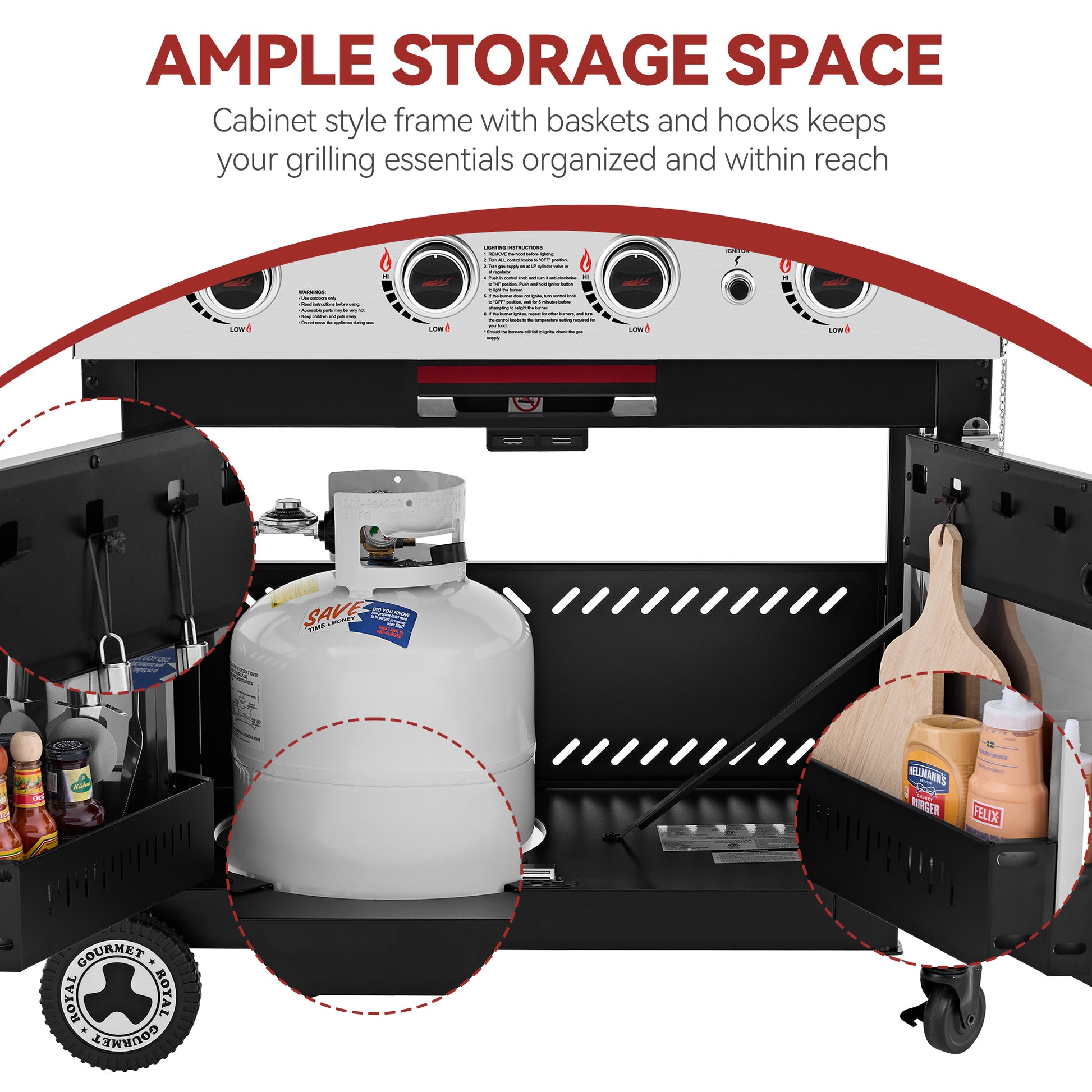A black Royal Gourmet gas grill with a cabinet-style frame and storage baskets/hooks, shown with a white propane tank inside and accessory items in the side compartments. Large text at the top reads 'AMPLE STORAGE SPACE' with supporting copy about keeping grilling essentials organized.