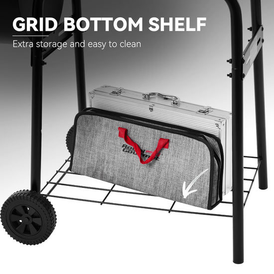 Royal Gourmet Grid bottom shelf with a bag and toolbox on a gray background