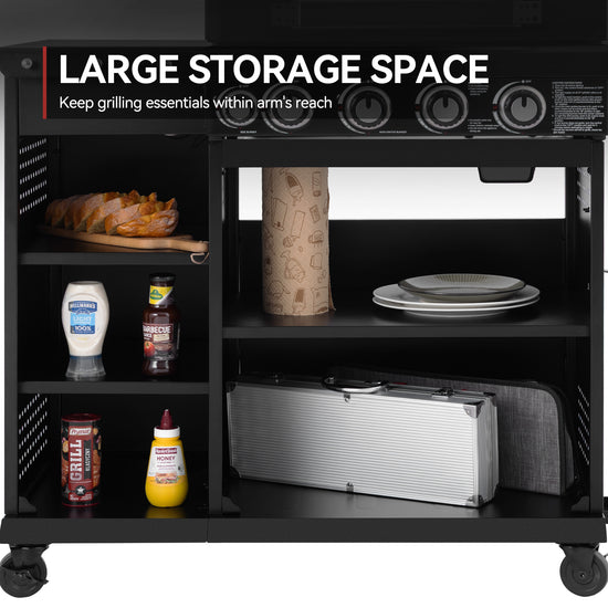 Black Royal Gourmet storage cart with shelves containing grilling essentials and large storage space labeled.