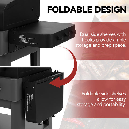 Foldable design of a kitchen island with dual side shelves and hooks, showing storage and prep space.