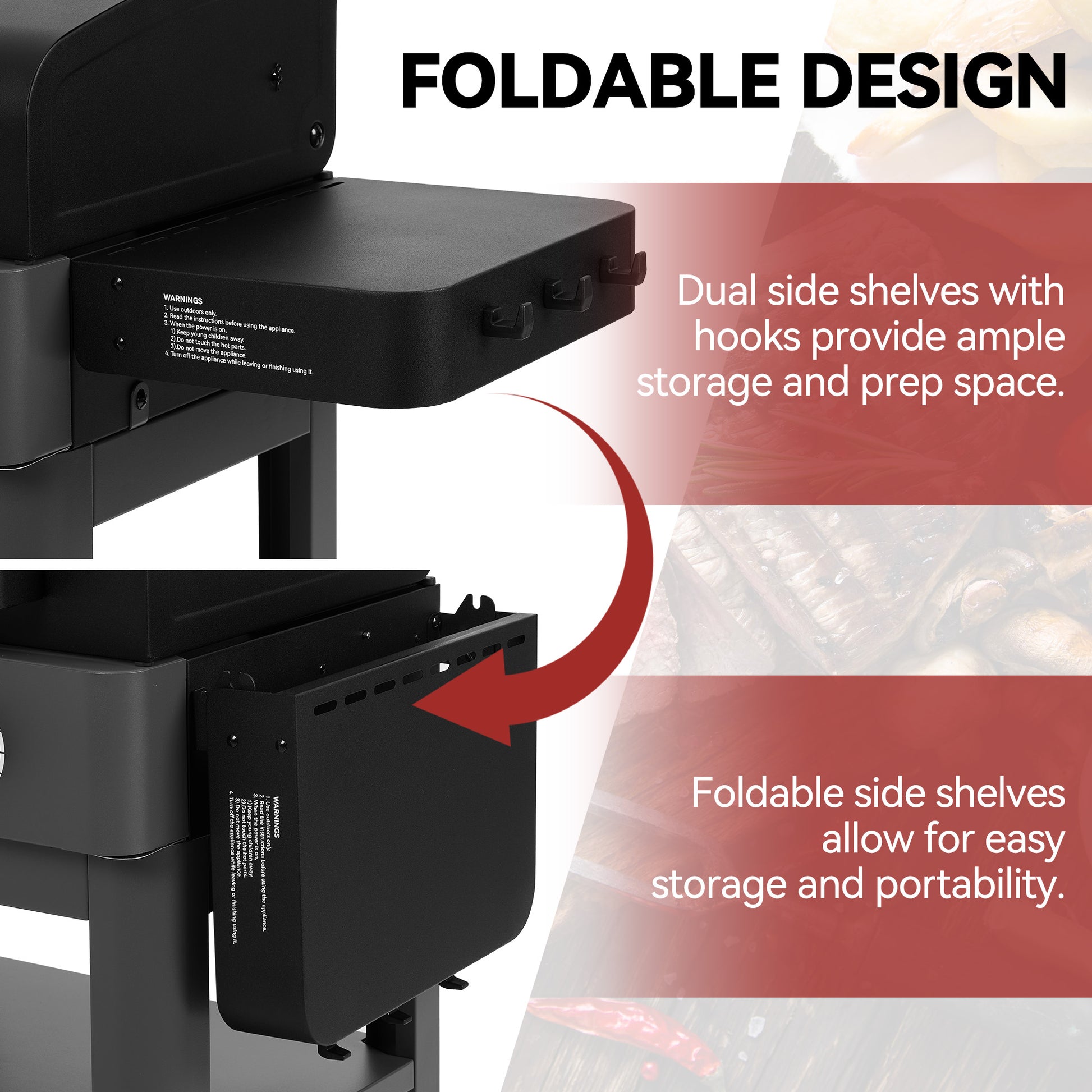 Foldable design of a kitchen island with dual side shelves and hooks, showing storage and prep space.