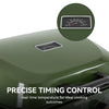 An olive green Royal Gourmet portable grill with a digital temperature display on top and a circular inset showing a close-up of the temperature gauge. White text at the bottom reads 'PRECISE TIMING CONTROL' and 'real-time temperature for ideal cooking outcomes.