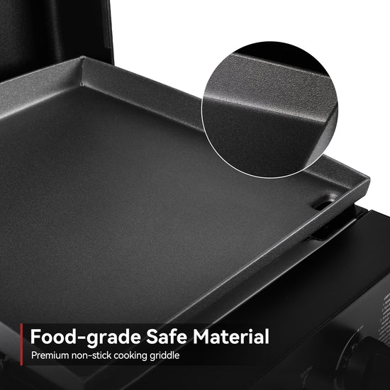Black non-stick cooking Royal Gourmet griddle with close-up of surface texture, labeled 'Food-grade Safe Material'.