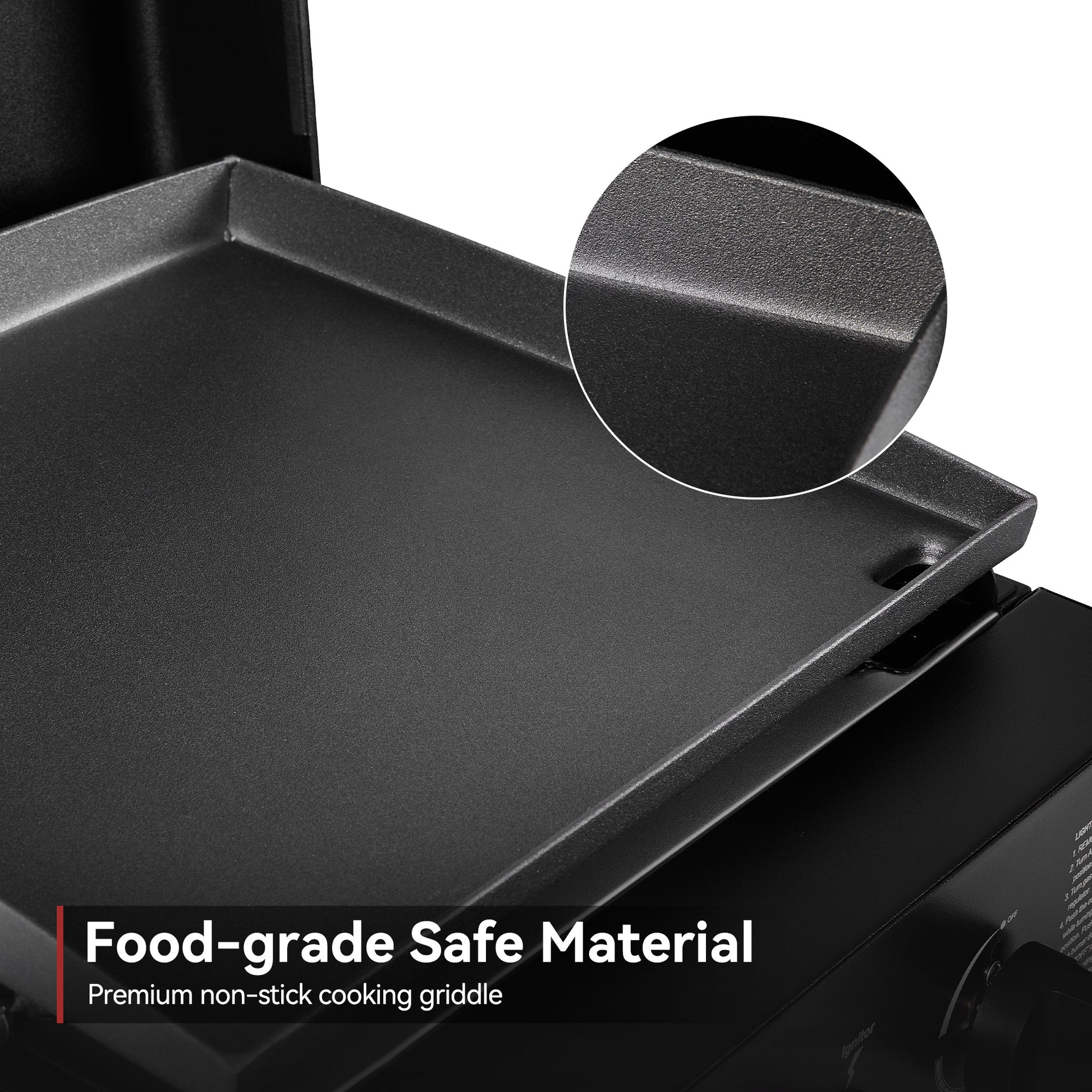 Black non-stick cooking Royal Gourmet griddle with close-up of surface texture, labeled 'Food-grade Safe Material'.
