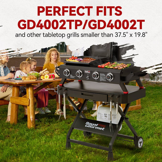 Royal Gourmet  Tabletop grill with promotional text for Royal Gourmet brand on a grassy background