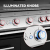 Close-up of a Royal Gourmet  gas stove control panel with illuminated knobs and text reading 'ILLUMINATED KNOBS' and 'Easy nighttime operation with blue off & red heat indicators.' A circular inset shows a detailed view of one knob with blue and red lighting.