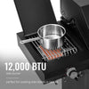  Royal Gourmet Black portable stove with a pot on the side burner, featuring '12,000 BTU' text.