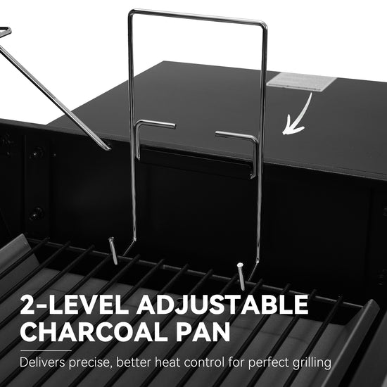2-level adjustable charcoal pan on a Royal Gourmet grill with text highlighting its features.