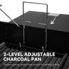 2-level adjustable charcoal pan on a Royal Gourmet grill with text highlighting its features.