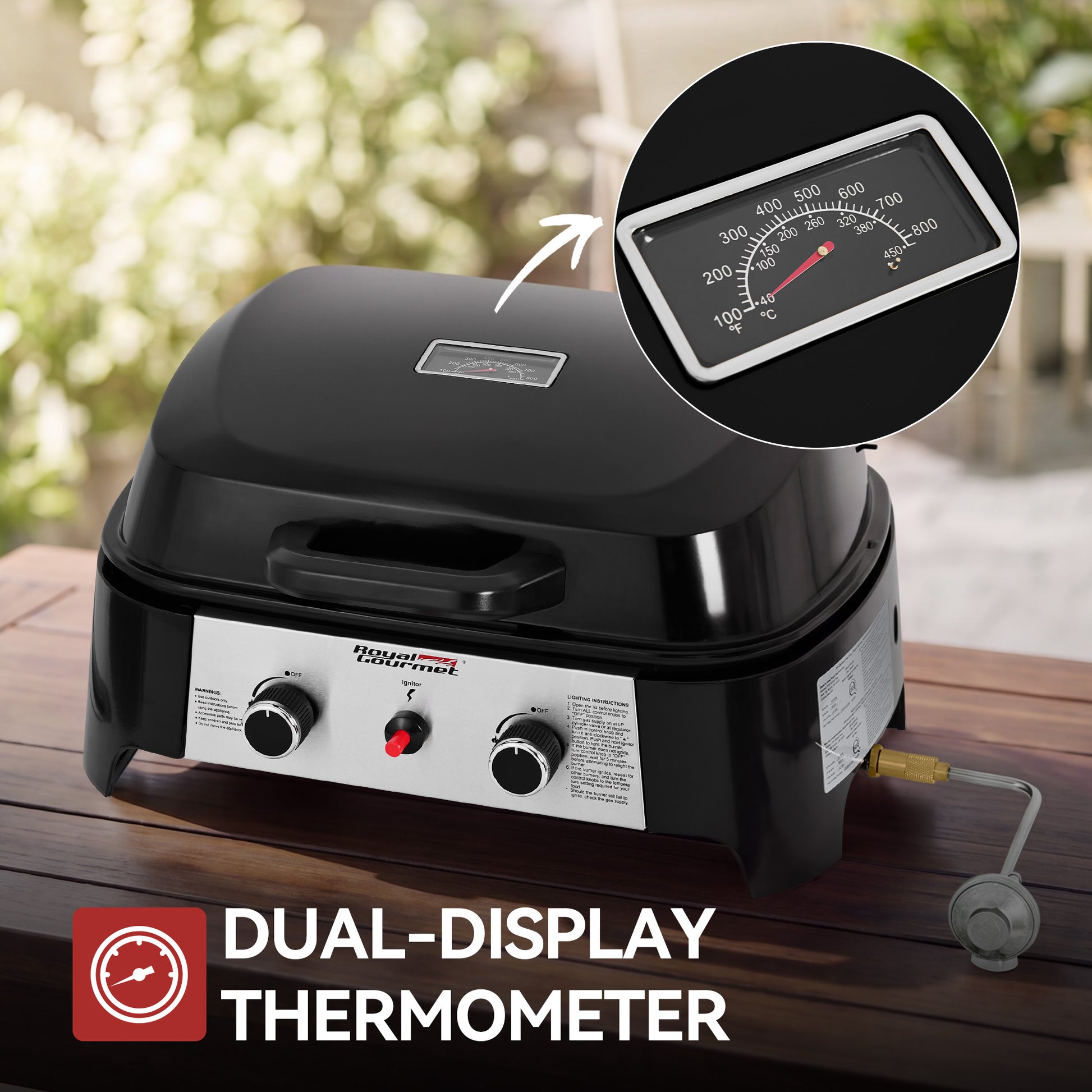 Black outdoor Royal Gourmet gas grill with a dual-display thermometer feature highlighted by an inset circle showing the thermometer dial, set on a wooden table with a blurred garden background.