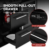 Black smooth pull-out drawer with a stainless steel handle, shown partially open with kitchen items inside and two circular detail callouts highlighting the side slide mechanism and rust-resistant handle.