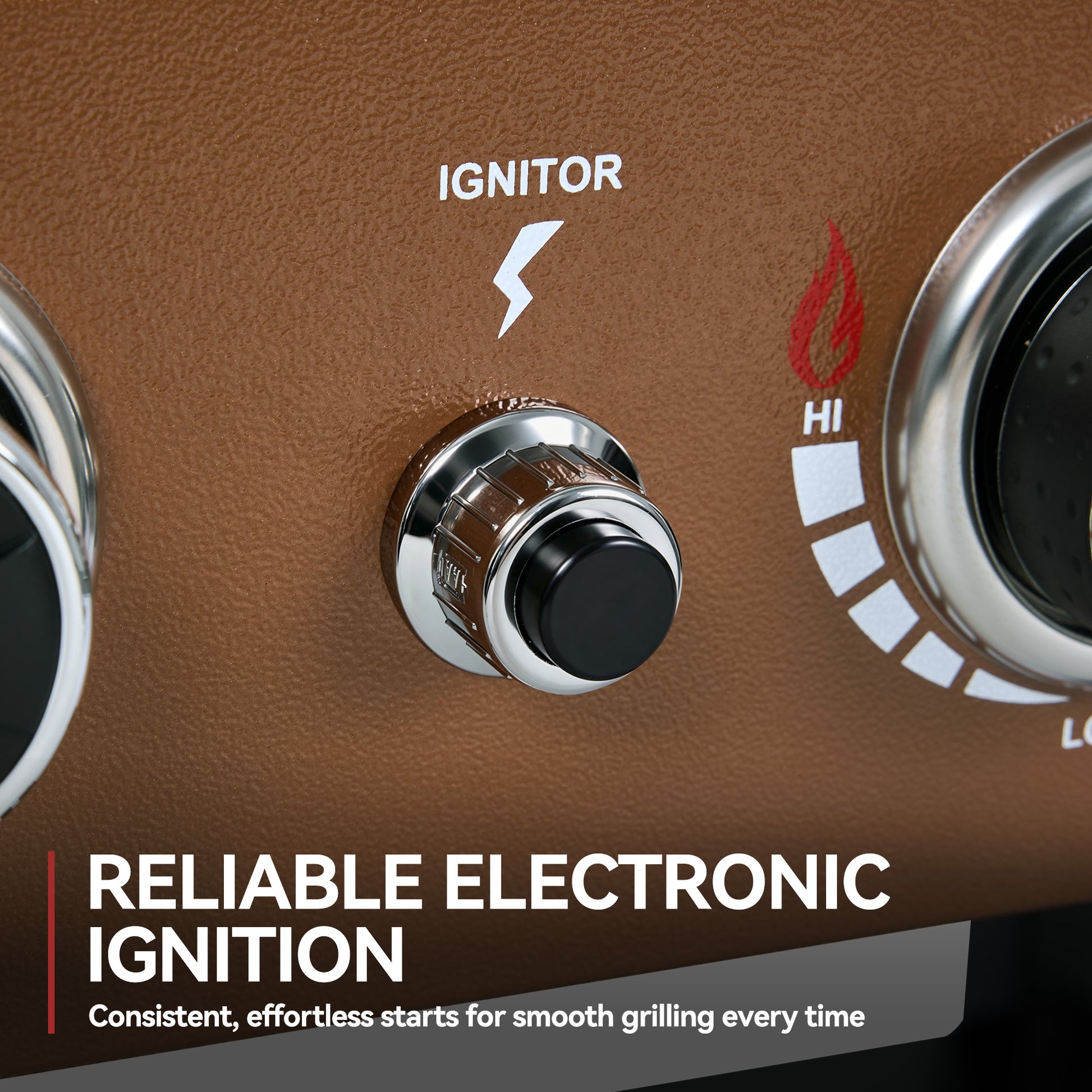 Close-up of a Royal Gourmet grill igniter with 'Ignitor' label and control knob on brown background.