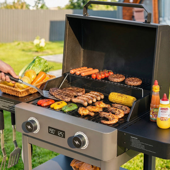 Portable Royal Gourmet grill with food being cooked outdoors on a sunny day