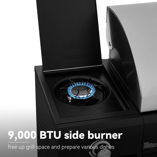 9,000 BTU side burner on a Royal Gourmet grill with blue flame
