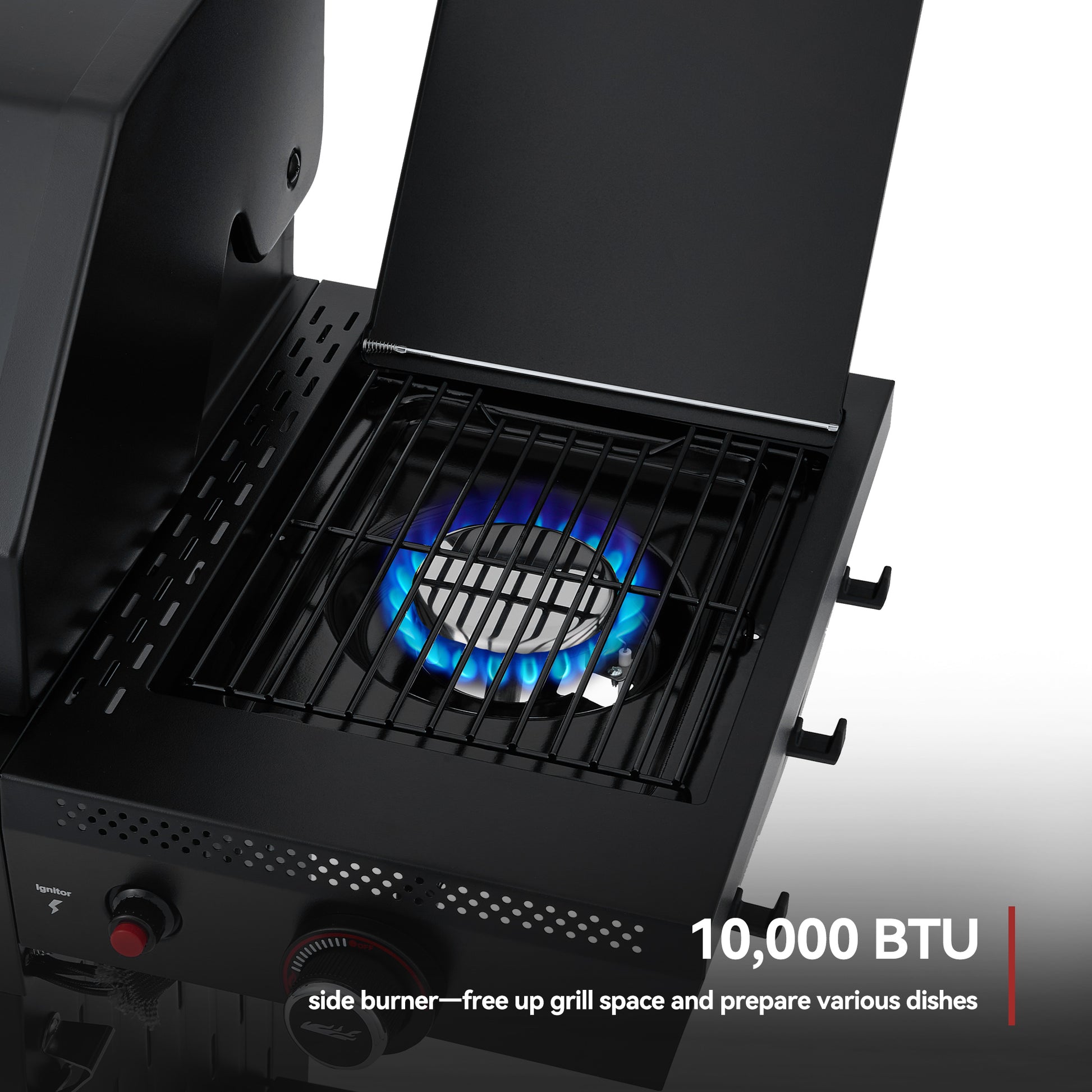Portable Royal Gourmet gas grill with side burner and 10,000 BTU rating on a white background