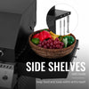 Royal Gourmet Black barbecue grill with side shelves holding fruits and tools, featuring text 'SIDE SHELVES with hooks'.