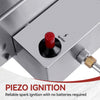 Royal Gourmet  Piezo ignition button on a gas grill with text 'Piezo Ignition' and 'Reliable spark ignition with no batteries required'.
