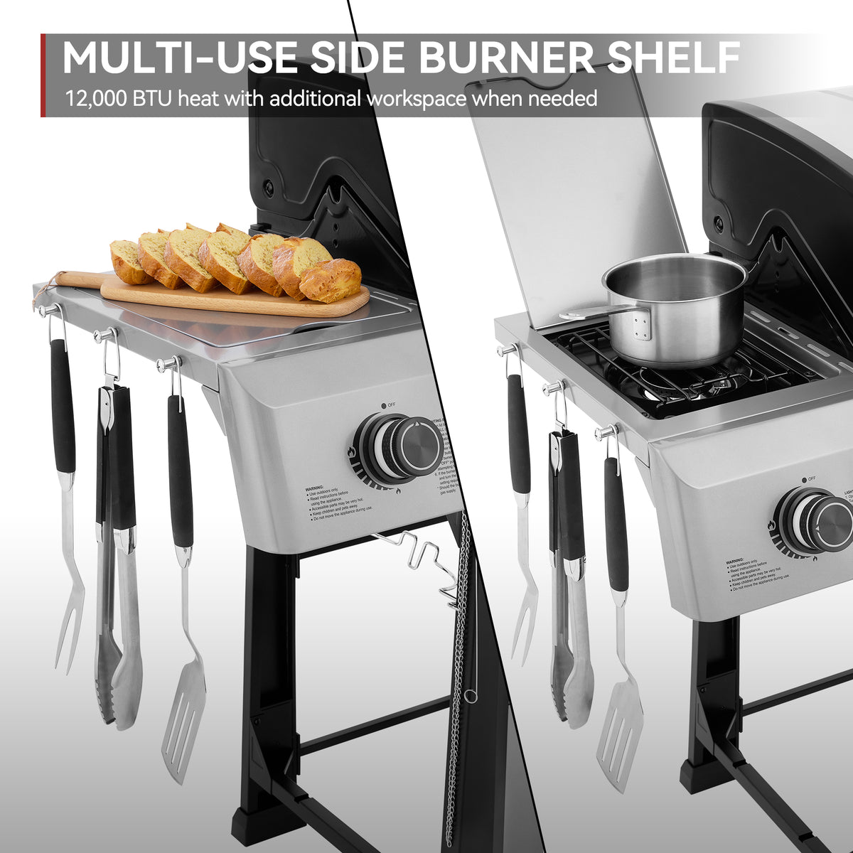 A split-view product image showing a stainless steel side burner Royal Gourmet grill shelf setup. The left panel shows the open side shelf holding sliced bread on a wooden board and hanging utensils, with text at the top reading 'MULTI-USE SIDE BURNER SHELF' and '12,000 BTU heat with additional workspace when needed.