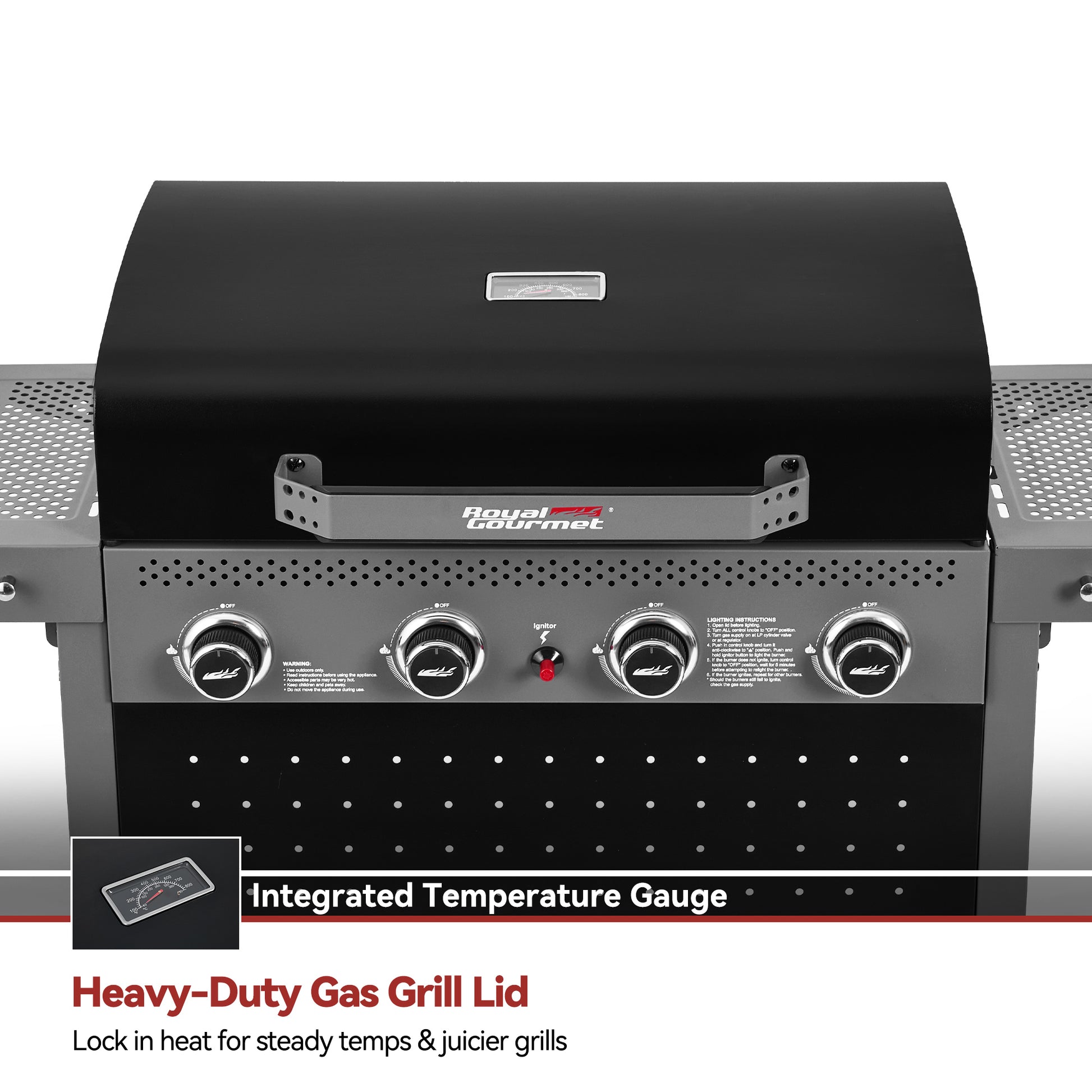 Heavy-duty Royal Gourmet gas grill with black lid and control panel on a white background