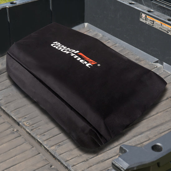 Black seat cover with a logo on a vehicle seat