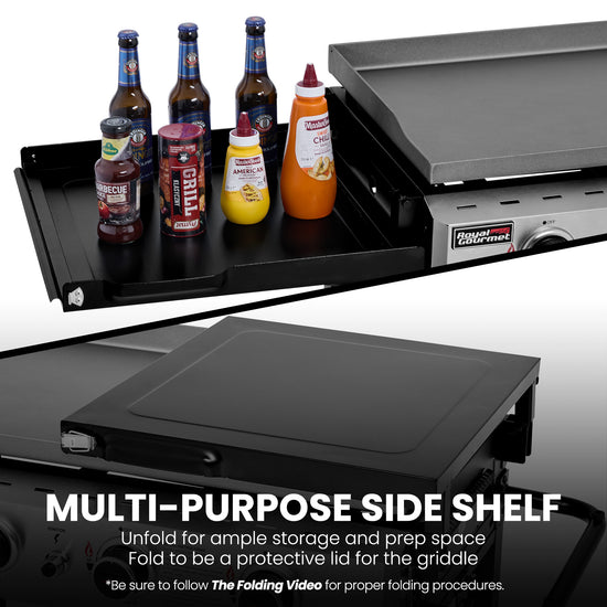 Multi-purpose side shelf for a Royal Gourmet grill with various condiments and bottles on top, and text describing its functions.