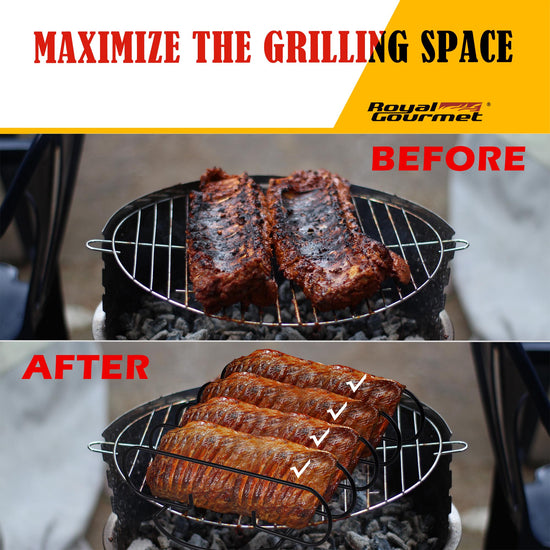Before and after comparison of grilled fish on a grill with Royal Gourmet branding.
