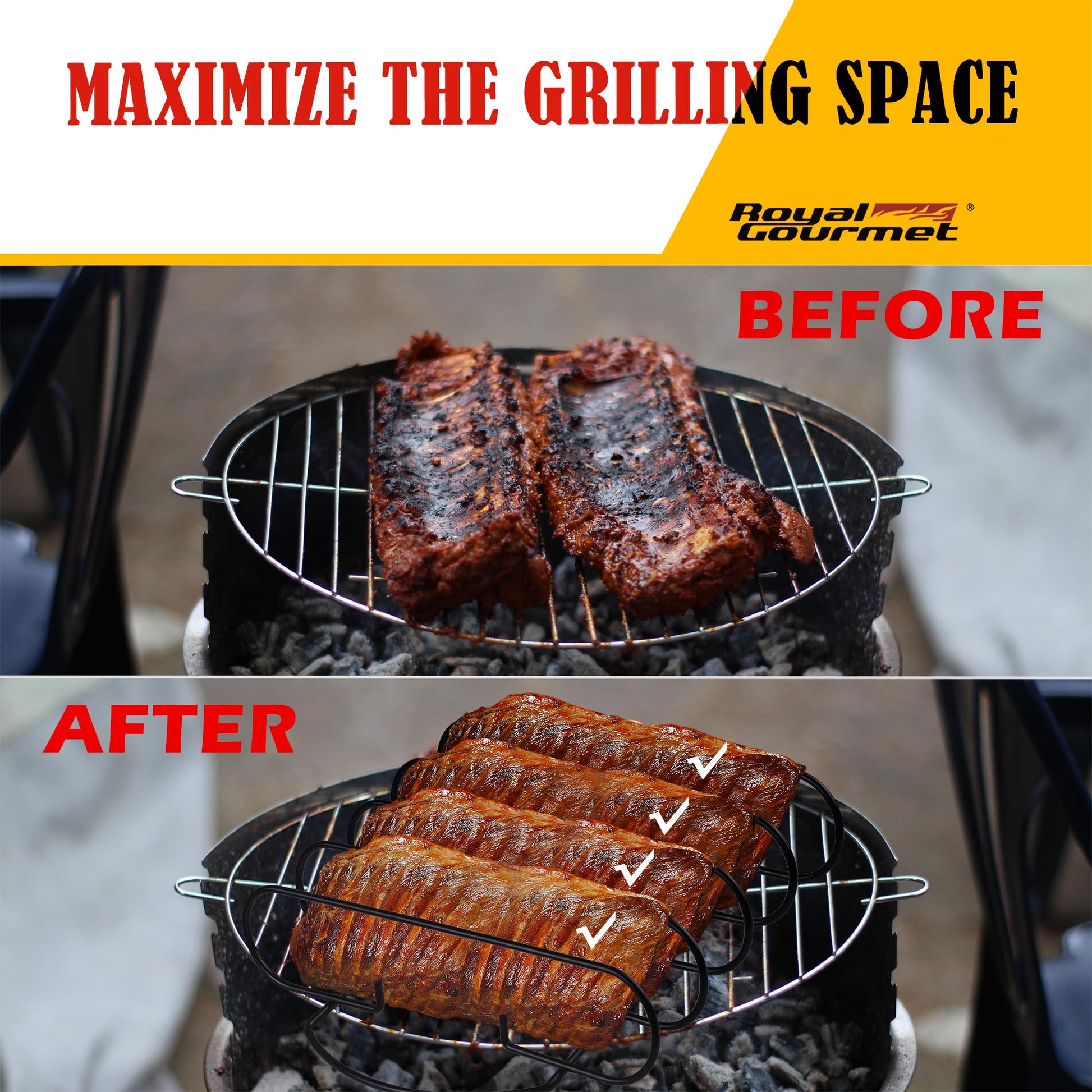 Before and after comparison of grilled fish on a grill with Royal Gourmet branding.