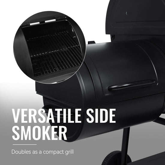 Black barbecue grill with a side smoker feature on a gray background