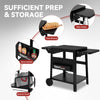 Black Royal Gourmet 3-in-1 grill cart with side shelves, hooks, spice basket, and bottom shelf, shown on a light gray background with feature callout circles and the text 'SUFFICIENT PREP & STORAGE'.