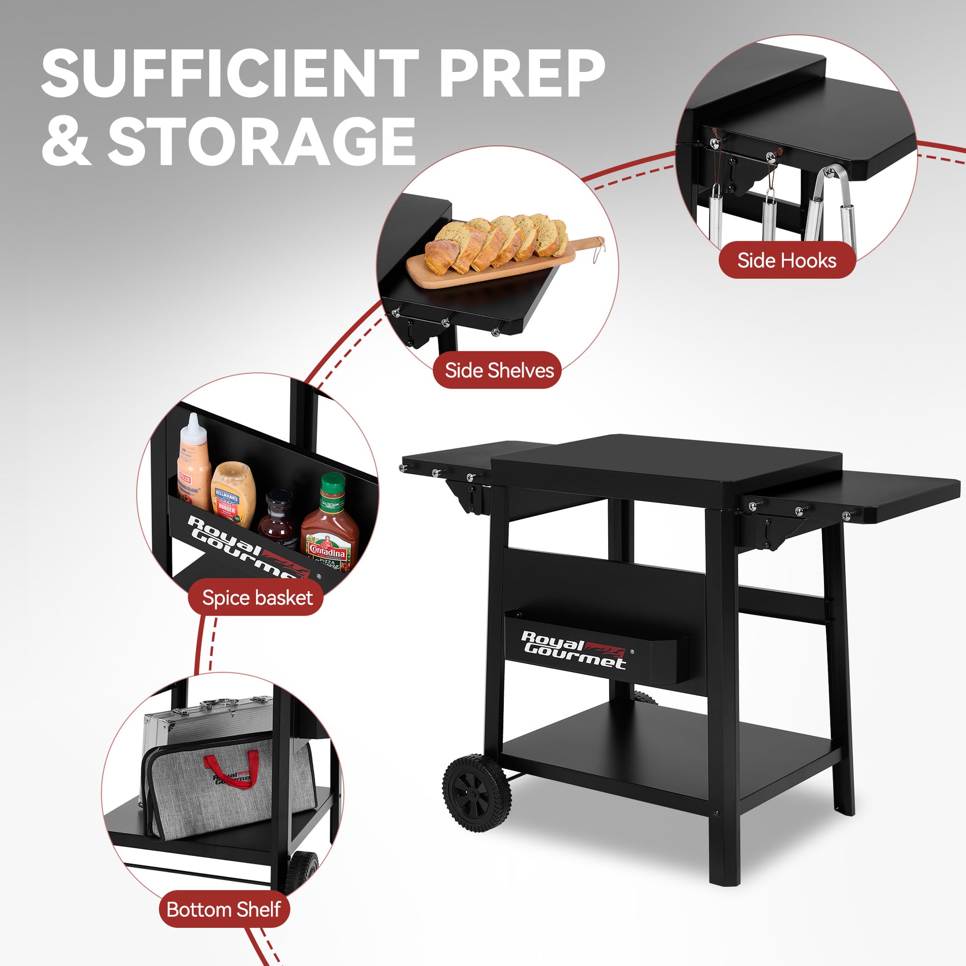 Black Royal Gourmet 3-in-1 grill cart with side shelves, hooks, spice basket, and bottom shelf, shown on a light gray background with feature callout circles and the text 'SUFFICIENT PREP & STORAGE'.