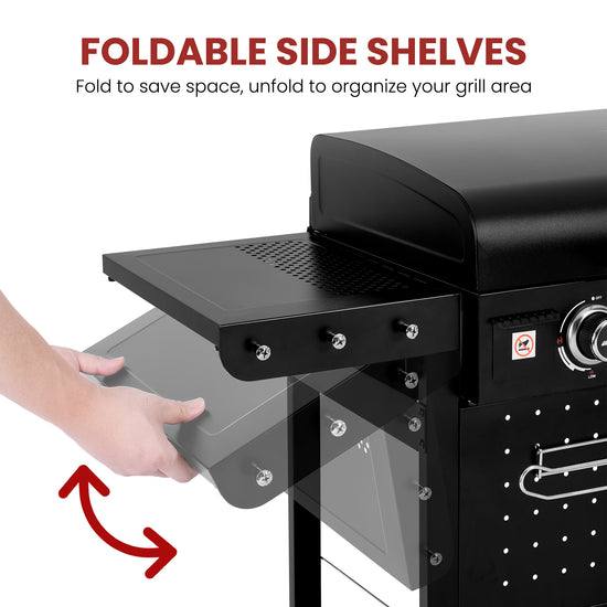A black Royal Gourmet gas grill with a fold-out side shelf being opened by a person's hand, shown on a white background with red text reading 'FOLDABLE SIDE SHELVES' and a red arrow indicating the motion.