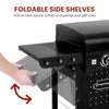 A black Royal Gourmet gas grill with a fold-out side shelf being opened by a person's hand, shown on a white background with red text reading 'FOLDABLE SIDE SHELVES' and a red arrow indicating the motion.
