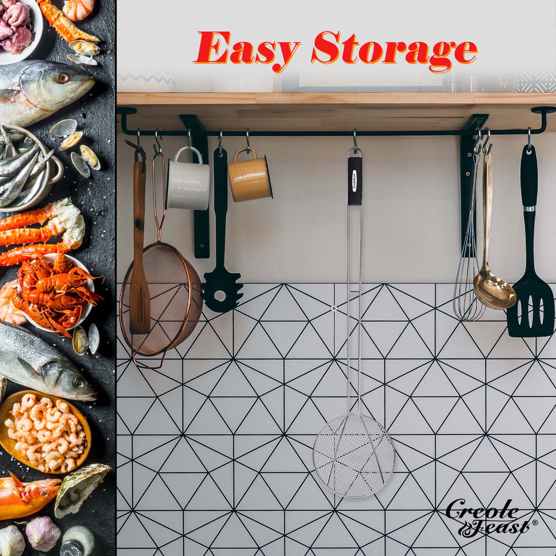 Kitchen storage solution with hanging utensils and a geometric tile backsplash.