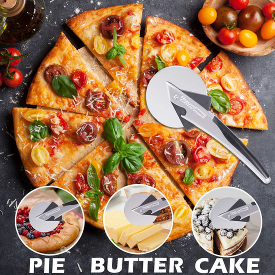 Sliced pizza with a pizza cutter on a dark surface, surrounded by small images of different types of food.