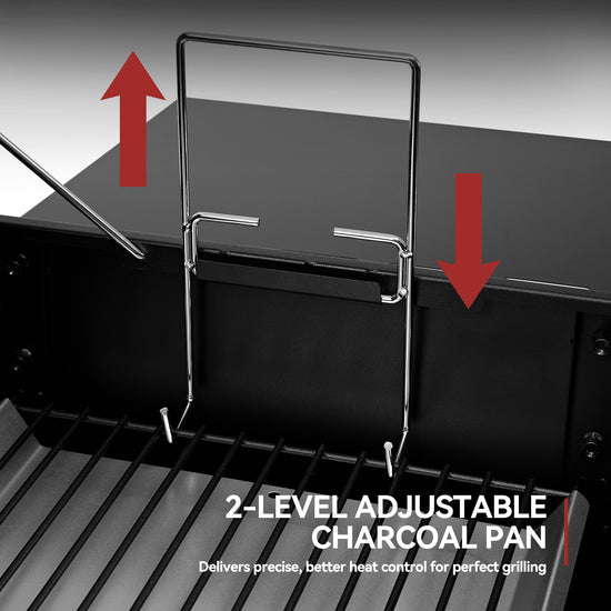 Royal Gourmet 2-level adjustable charcoal pan on a grill with text indicating its features.