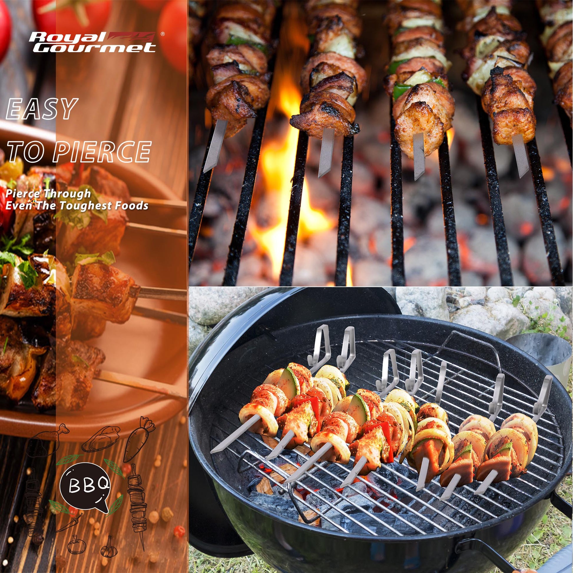 Skewers with food on a Royal Gourmet grill, featuring Royal Gourmet branding and text about skewers being easy to pierce.