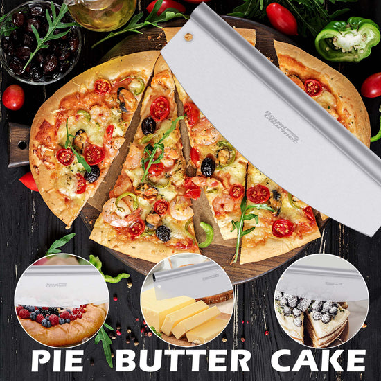 Royal Gourmet Knife with a blade cover on a pizza with various toppings, surrounded by ingredients.