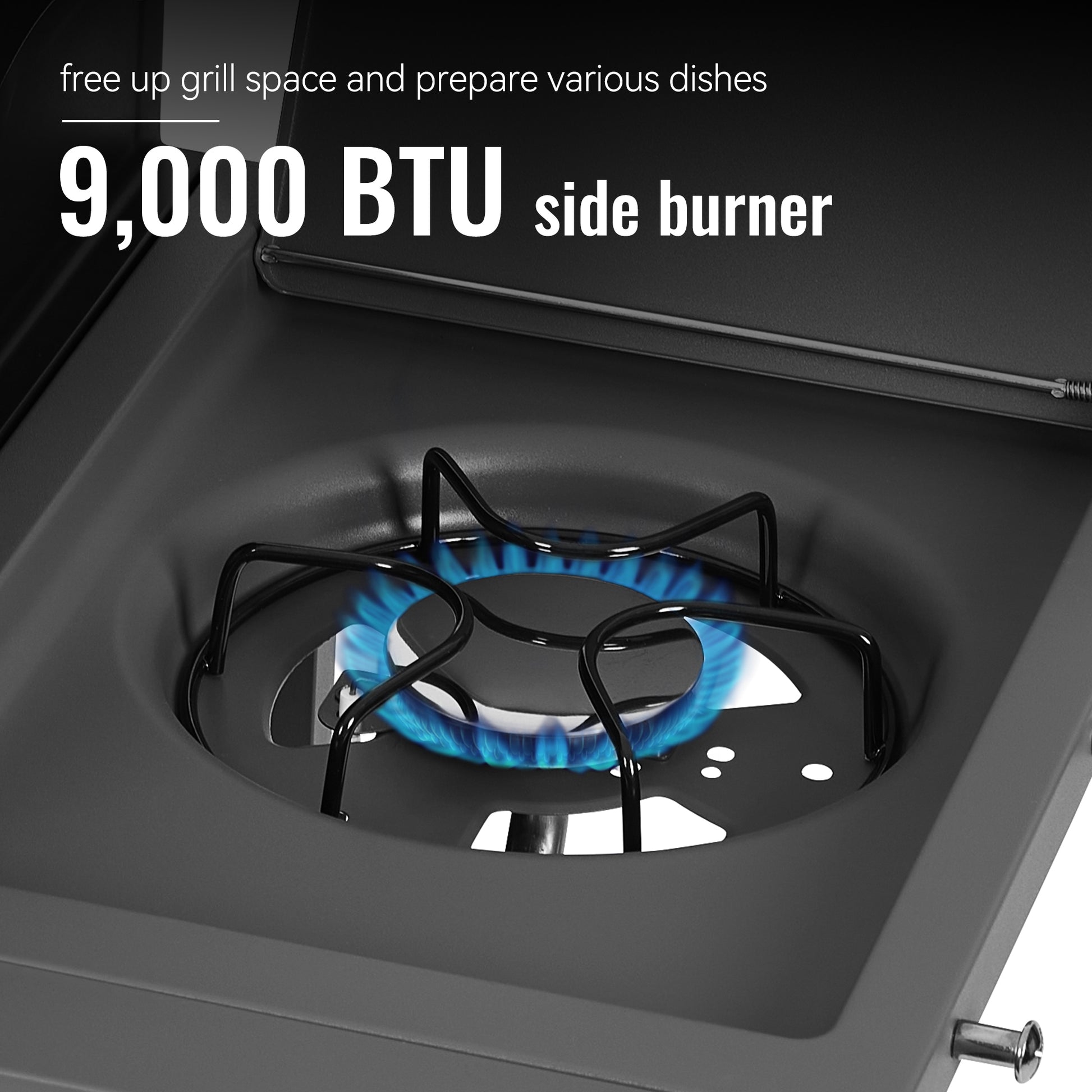 9,000 BTU side burner on a Royal Gourmet portable stove with blue flame.