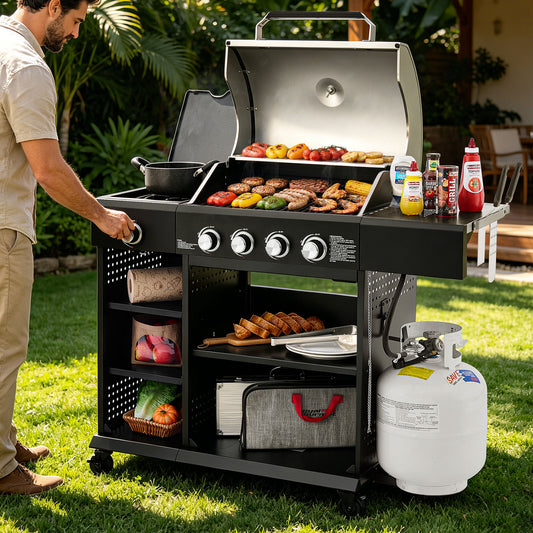 Man grilling outdoors with a large Royal Gourmet barbecue grill, vegetables, and cooking utensils.