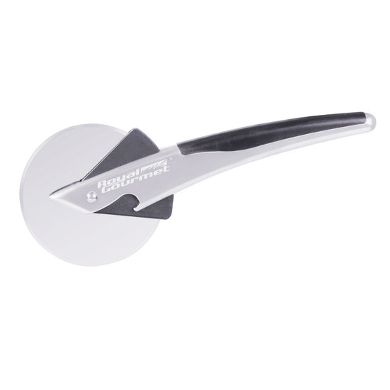 Royal Gourmet Pizza cutter with a white handle and silver blade on a white background