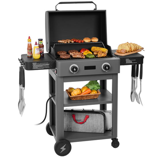 Portable Royal Gourmet grill with food and accessories on a white background