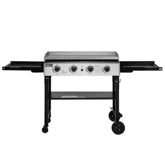 Portable Royal Gourmet gas grill on wheels with control panel on a white background