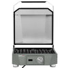 A portable indoor Royal Gourmet  grill with a gray body, black grates, and a clear acrylic lid, shown open against a white background.