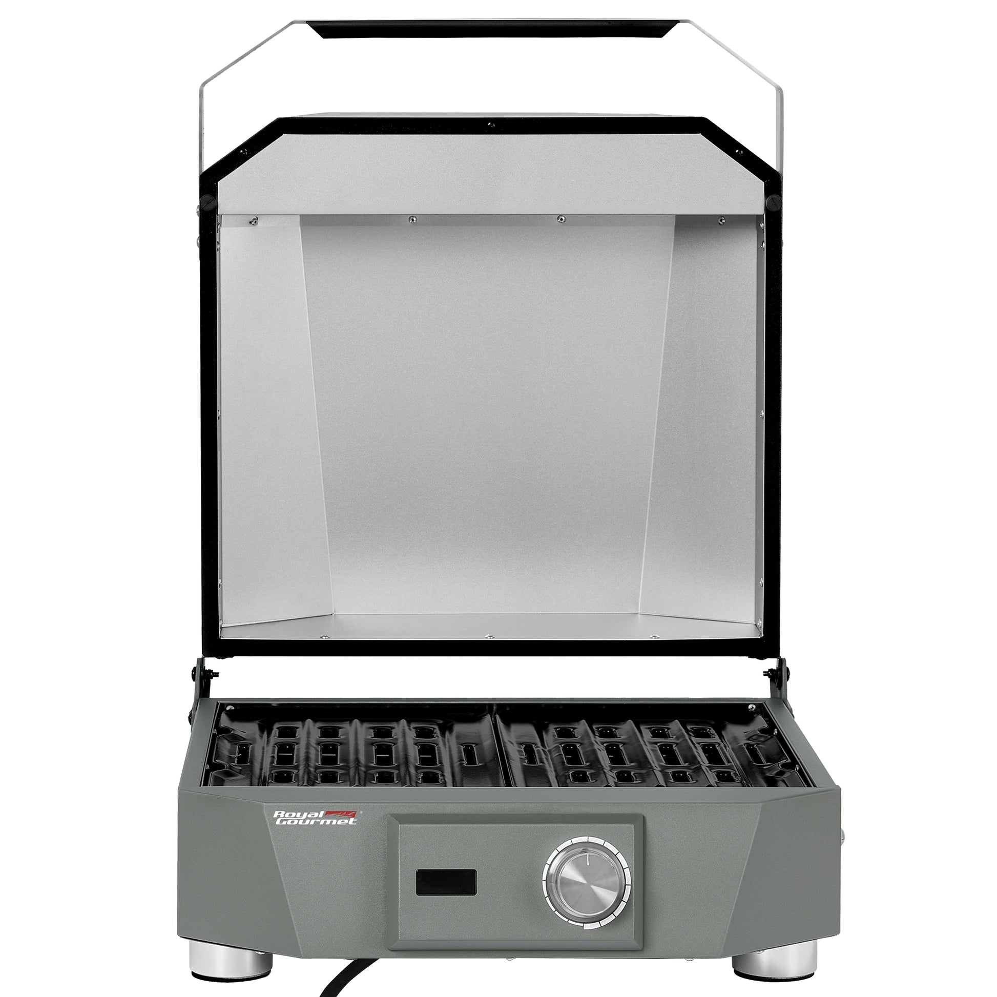 A portable indoor Royal Gourmet  grill with a gray body, black grates, and a clear acrylic lid, shown open against a white background.