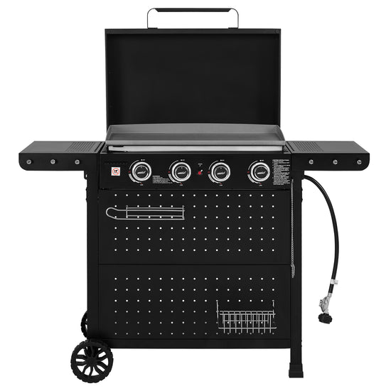 Black outdoor Royal Gourmet gas grill with side tables, four control knobs, open lid, lower storage drawers, and a gas hose, shown on a white background.