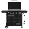 Black outdoor Royal Gourmet gas grill with side tables, four control knobs, open lid, lower storage drawers, and a gas hose, shown on a white background.