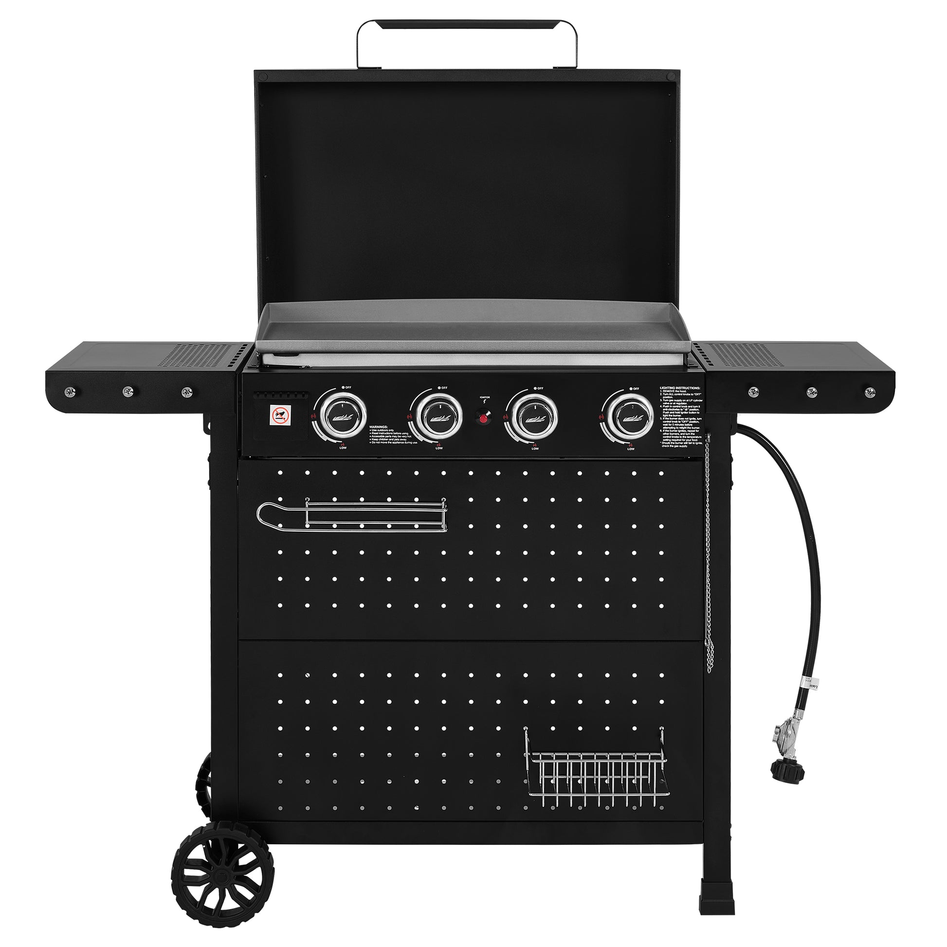 Black outdoor Royal Gourmet gas grill with side tables, four control knobs, open lid, lower storage drawers, and a gas hose, shown on a white background.